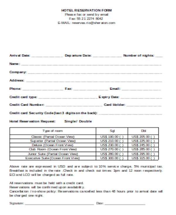 standard reservation form