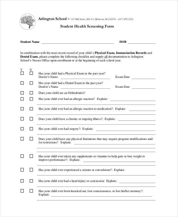 student health screening form