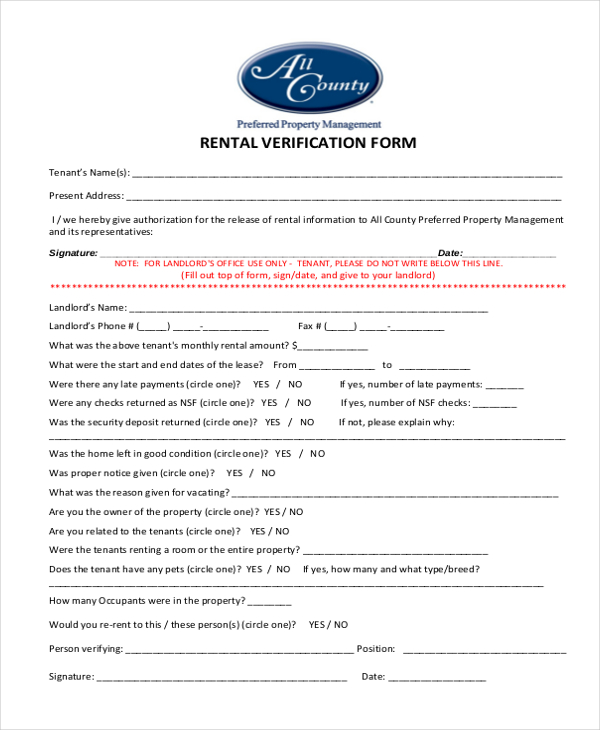 tenant rental verification form