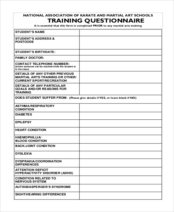 training questionnaire form