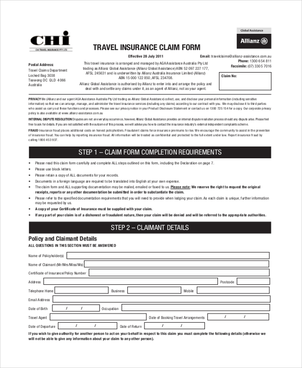 travel insurance claim form