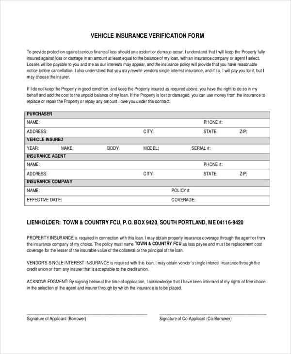 vehicle insurance verification form