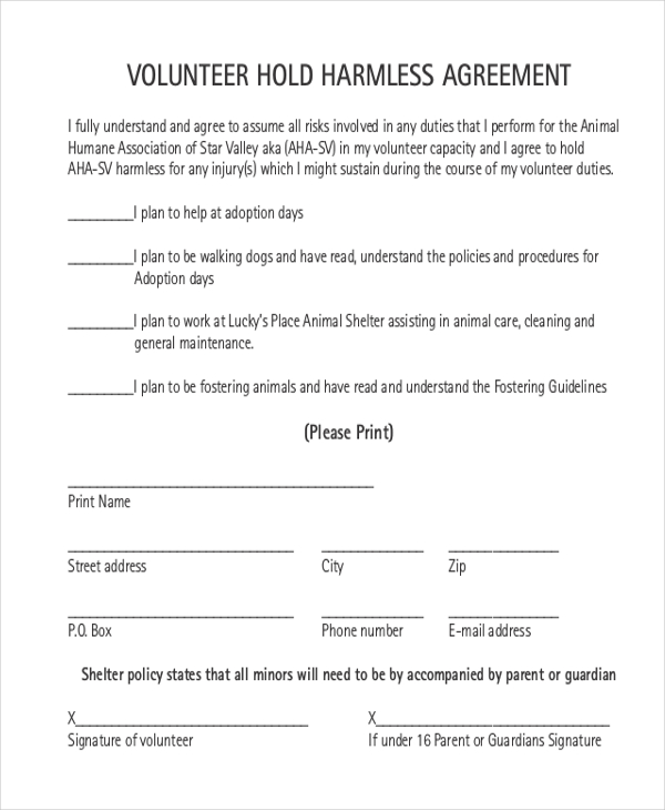 volunteer hold harmless agreement