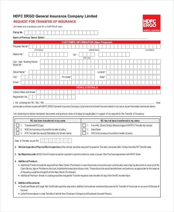 Free 8 Sample Vehicle Transfer Forms In Pdf Word 7275