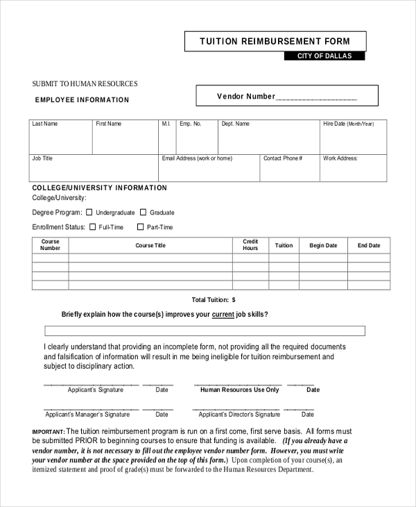 vendor tuition reimbursement form