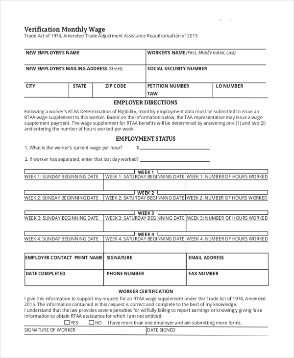 FREE 10 Sample Wage Verification Forms In PDF Word