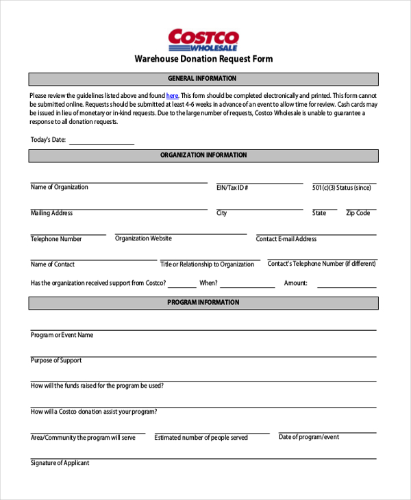 warehouse donation request form