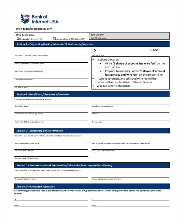 wire transfer bank form