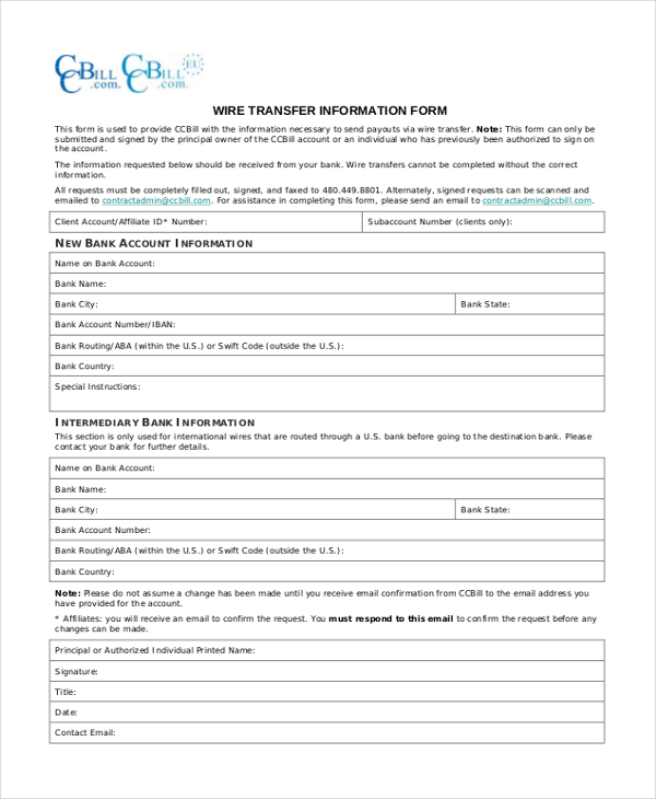 Free 12 Sample Wire Transfer Forms In Pdf Word Excel 3817