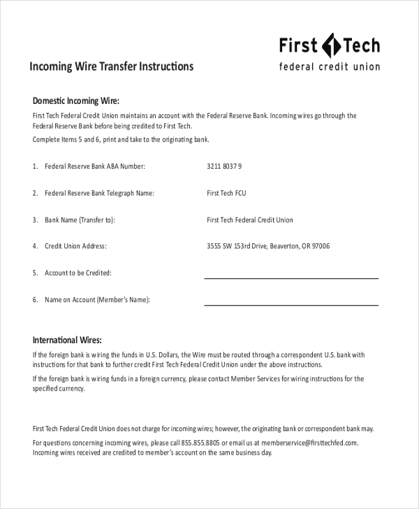 Instructions For Transferring Funds