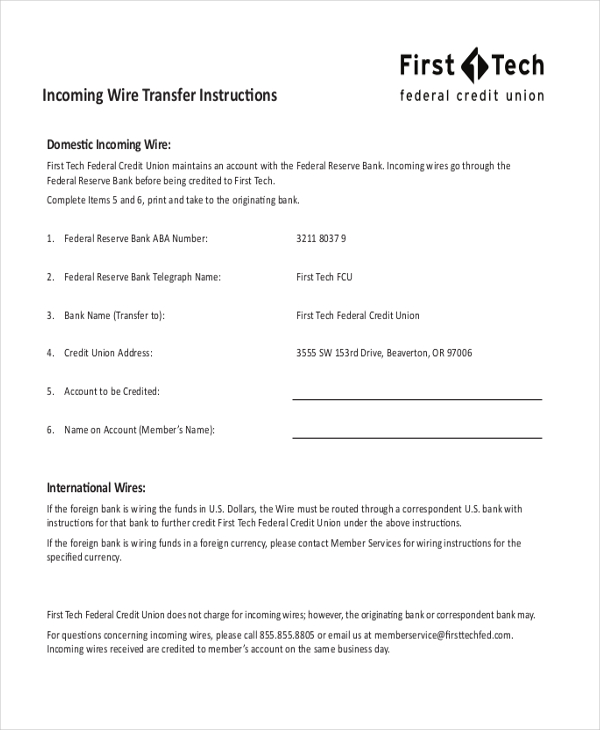 bank of america wire transfer template