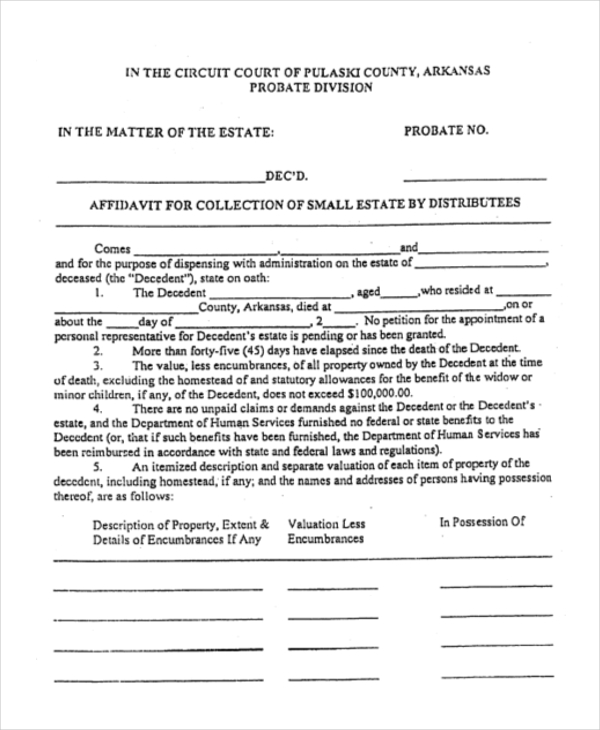affidavit collection of small estates distributees