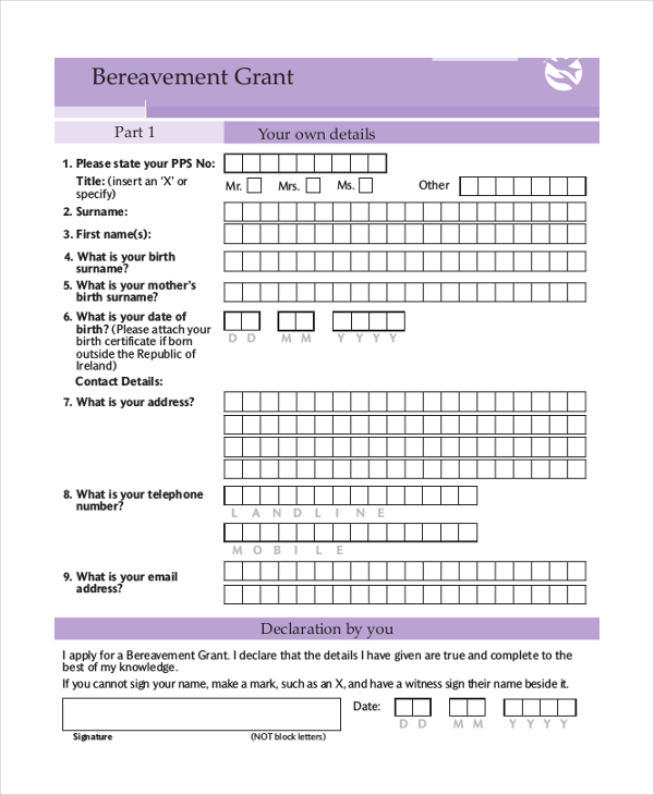 bereavement grant application form