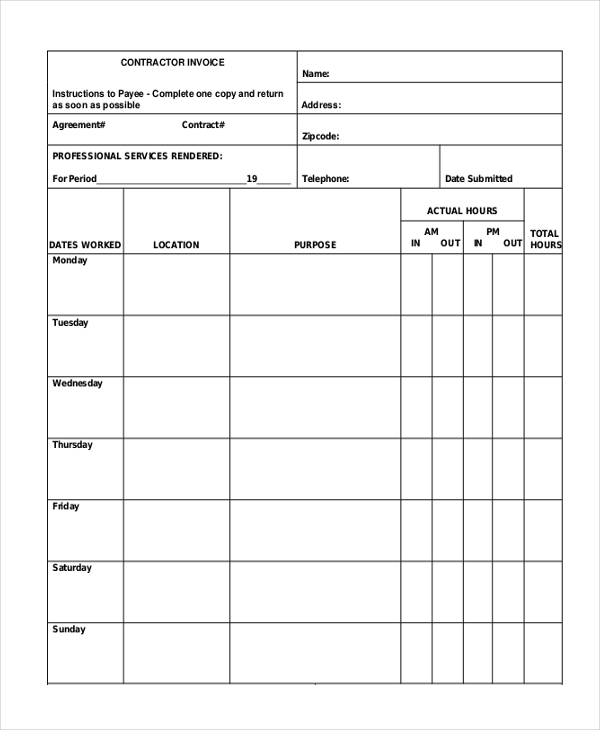 invoice services for rendered form PDF Invoice in 9 WORD   Contractor Sample  FREE Forms