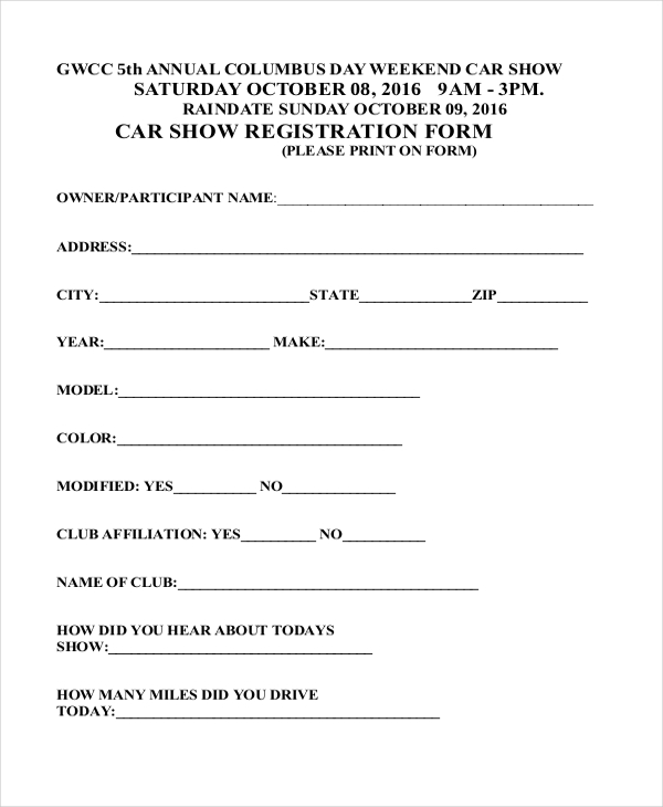 car show registration form