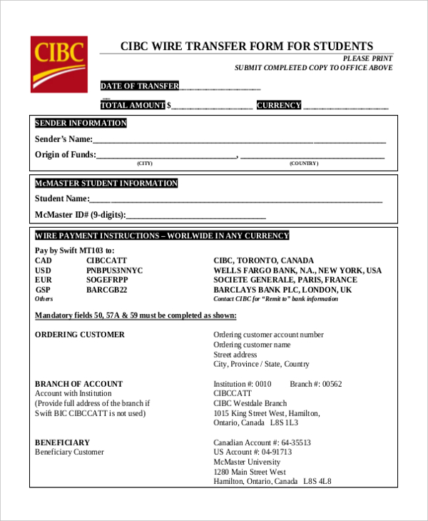 cibc wire transfer form for students