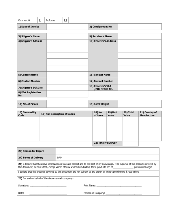 commercial shipping invoice form