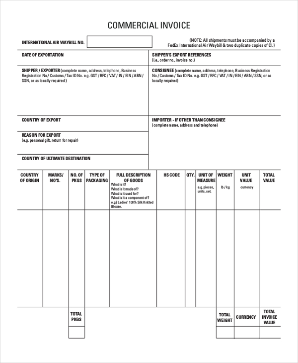 corporate company commercial invoice form