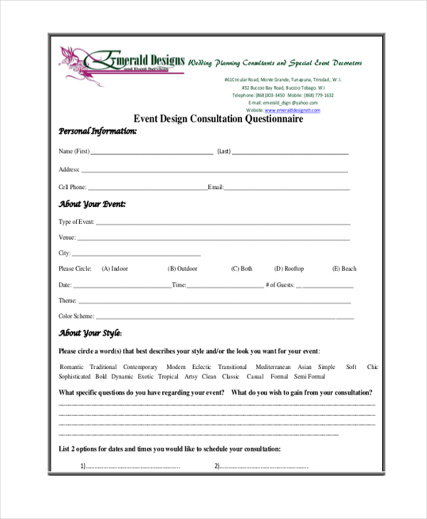 event planner consultation form