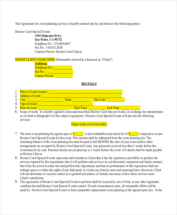 event planner contract form