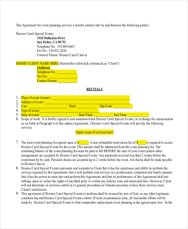 9 Wedding Planner Contract Template Perfect Template Ideas