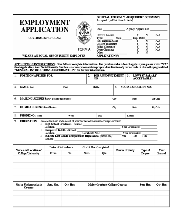 Free 12 Sample Employment Application Forms In Pdf Ms Word Excel 5138