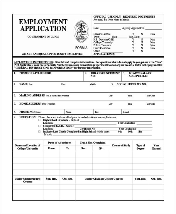 FREE 12 Sample Employment Application Forms In PDF MS Word Excel