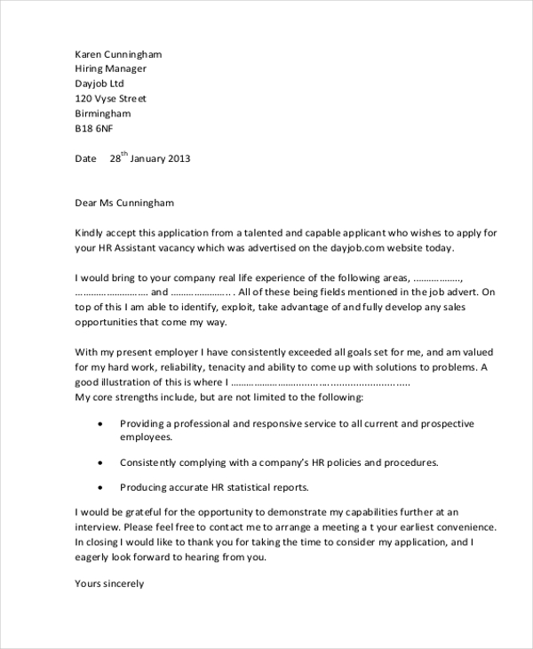 cover letter template for hr assistant