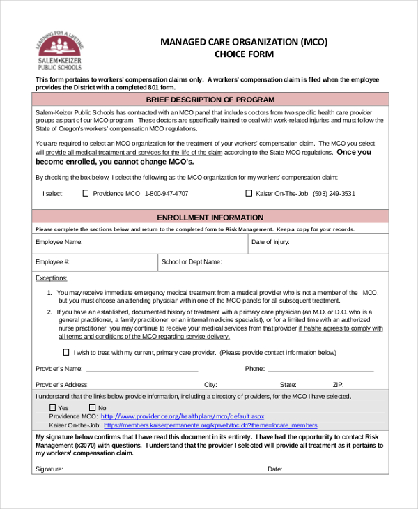 managed care organization choice form