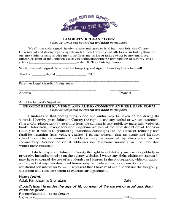 photographic liability release form