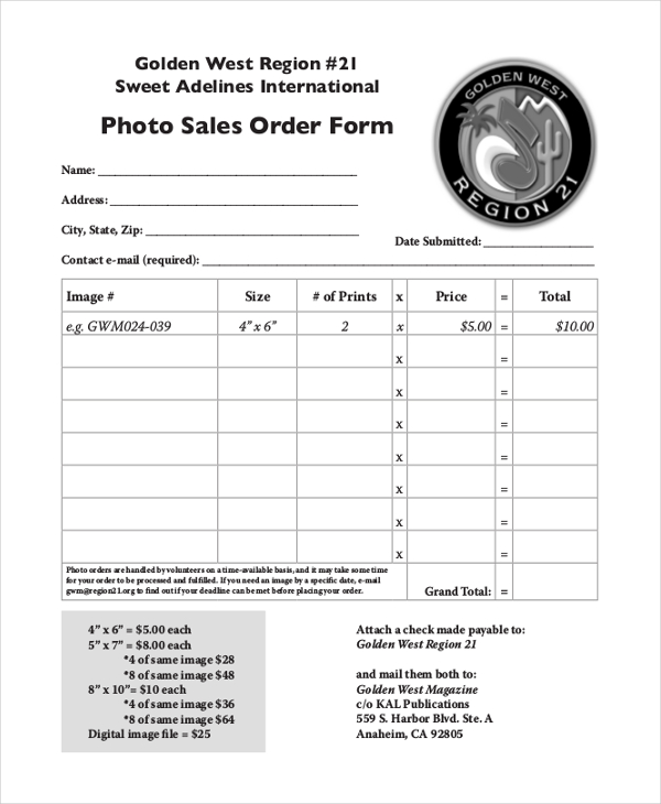 photography sales order form