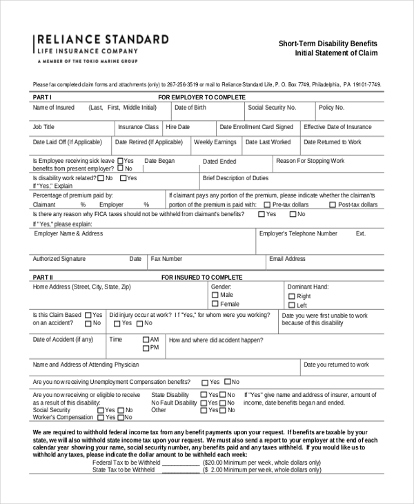 social security short term disability form