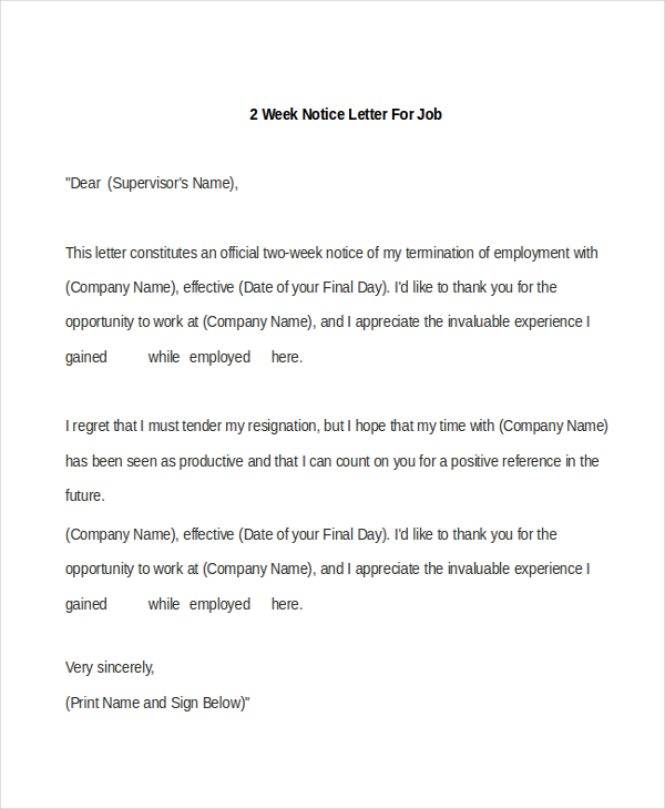 2 week notice letter for job