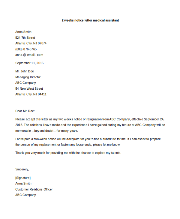 Professional Two Weeks Notice Letter from images.sampleforms.com
