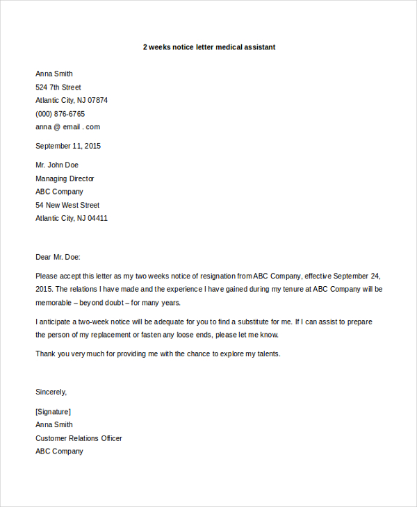 two weeks notice letter