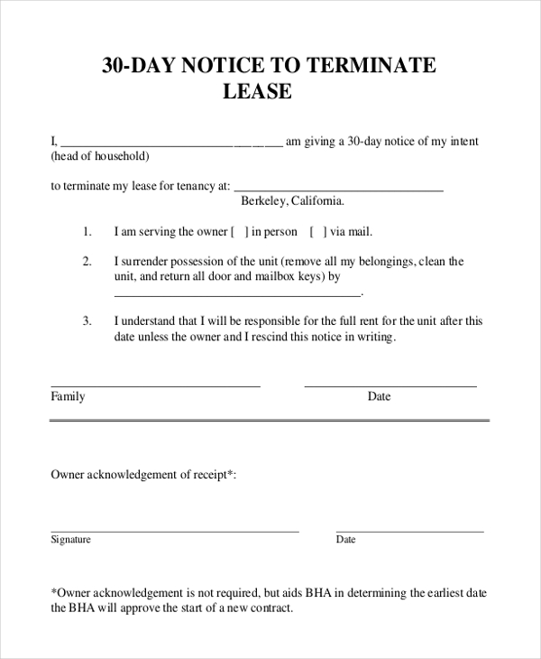 30 day notice to terminate lease