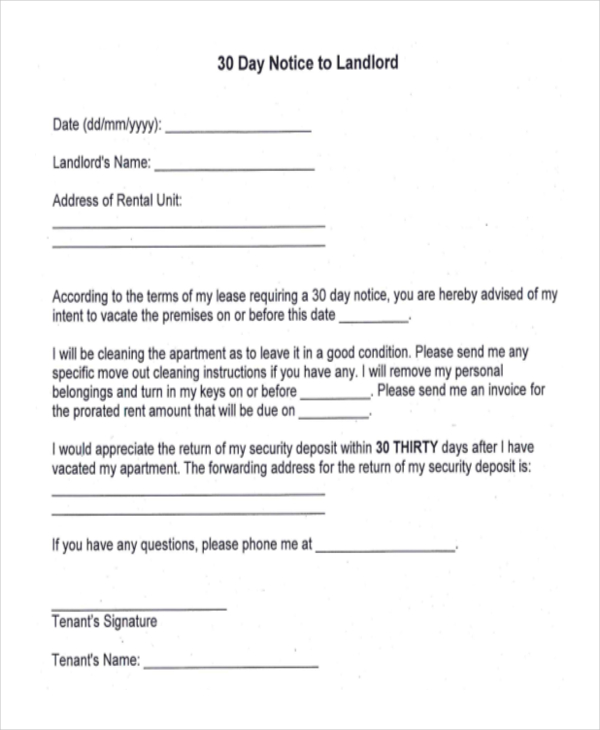 FREE 8+ Sample 30 Day Notice to Landlord Forms in PDF MS Word