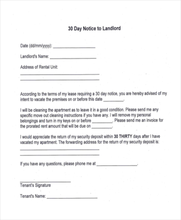 30 day notice to landlord