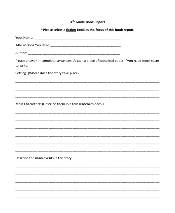 Book Report Template 4th Grade