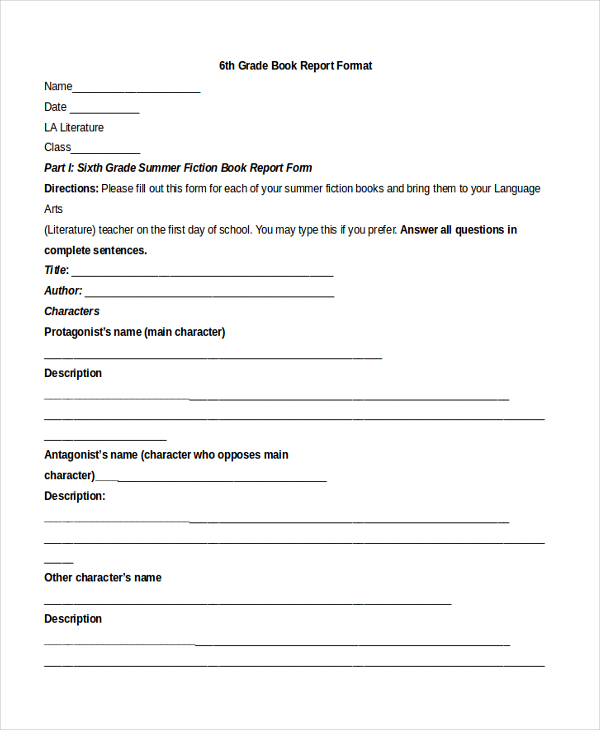 book report template 6th grade printable