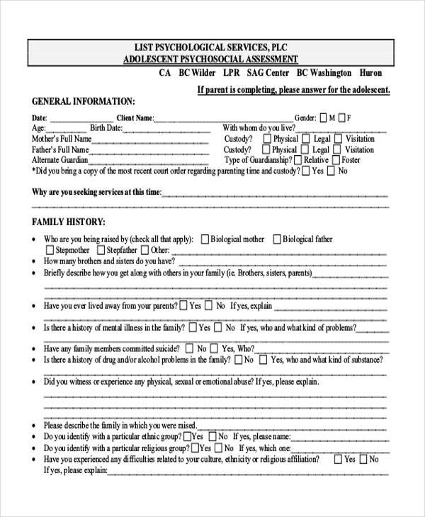 FREE 11+ Psychosocial Assessment Form Samples, PDF, MS Word, Google Docs