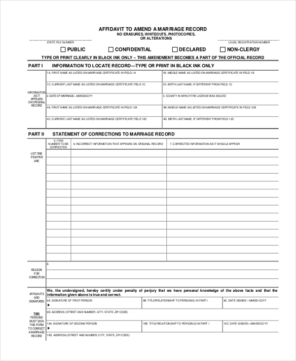 affidavit to amend a marriage record