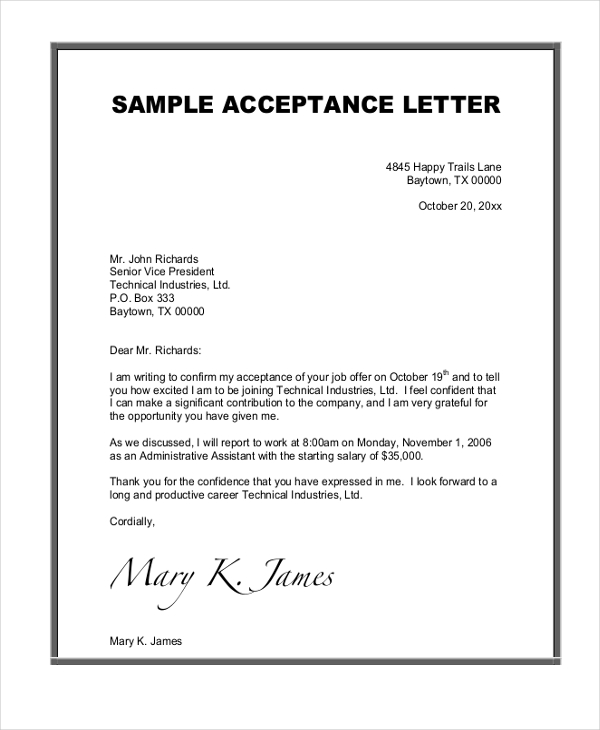 acceptance letter sample