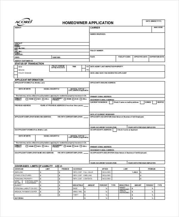 acord homeowner application form