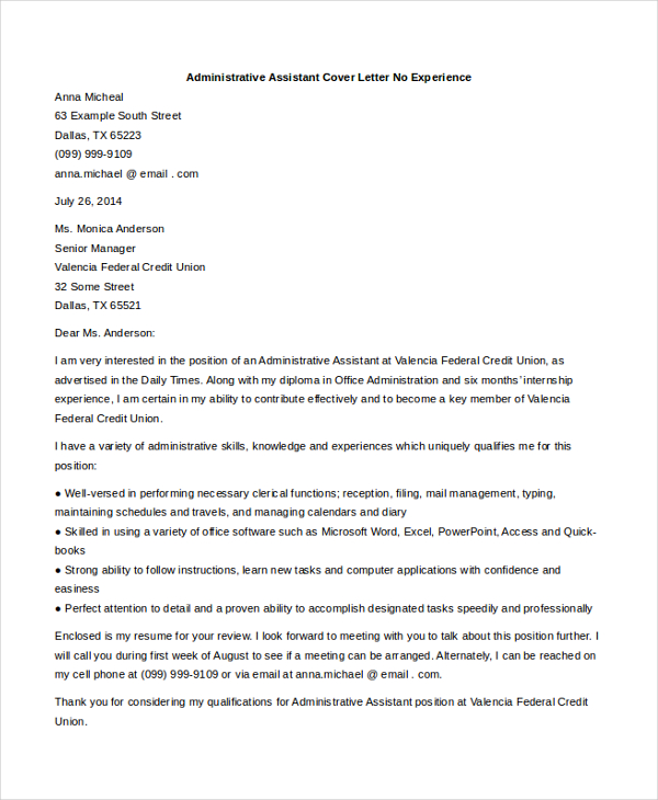 Free 8 Sample Administrative Assistant Cover Letters In Ms Word Pdf