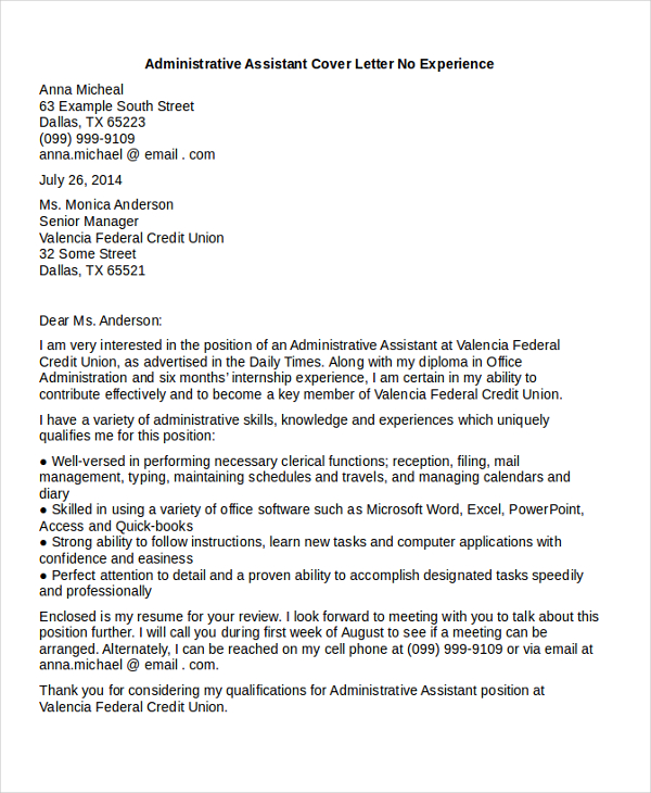 Free 9 Cover Letter For Administrative Assistant Samples In Ms Word Pdf