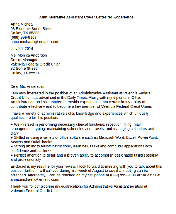 good cover letter for administrative assistant position