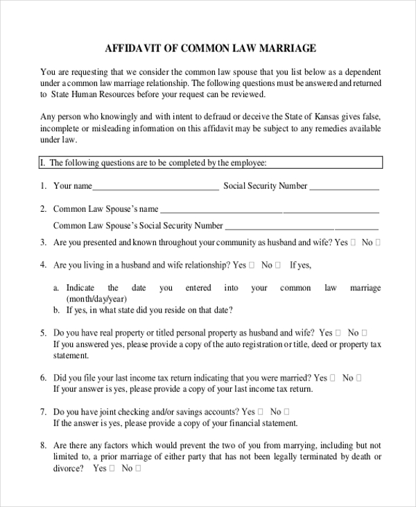 affidavit form for common law marriage