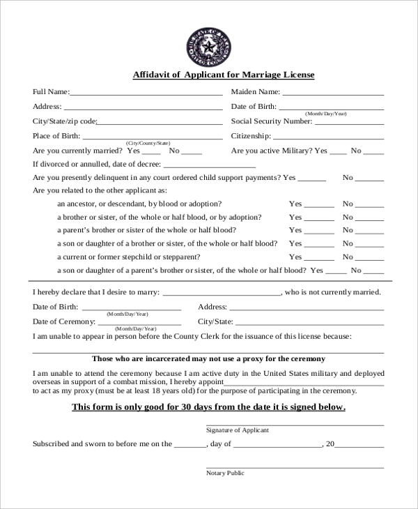 affidavit applicant for marriage lincese