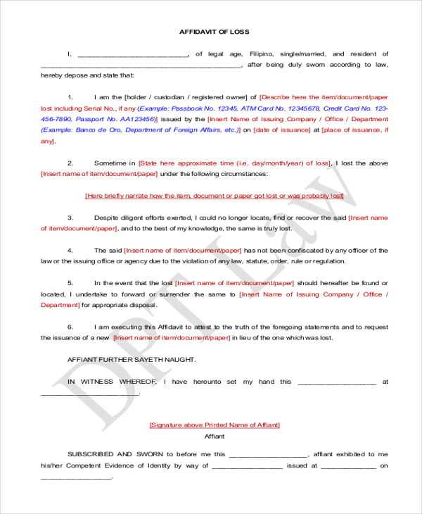 affidavit of loss sample form